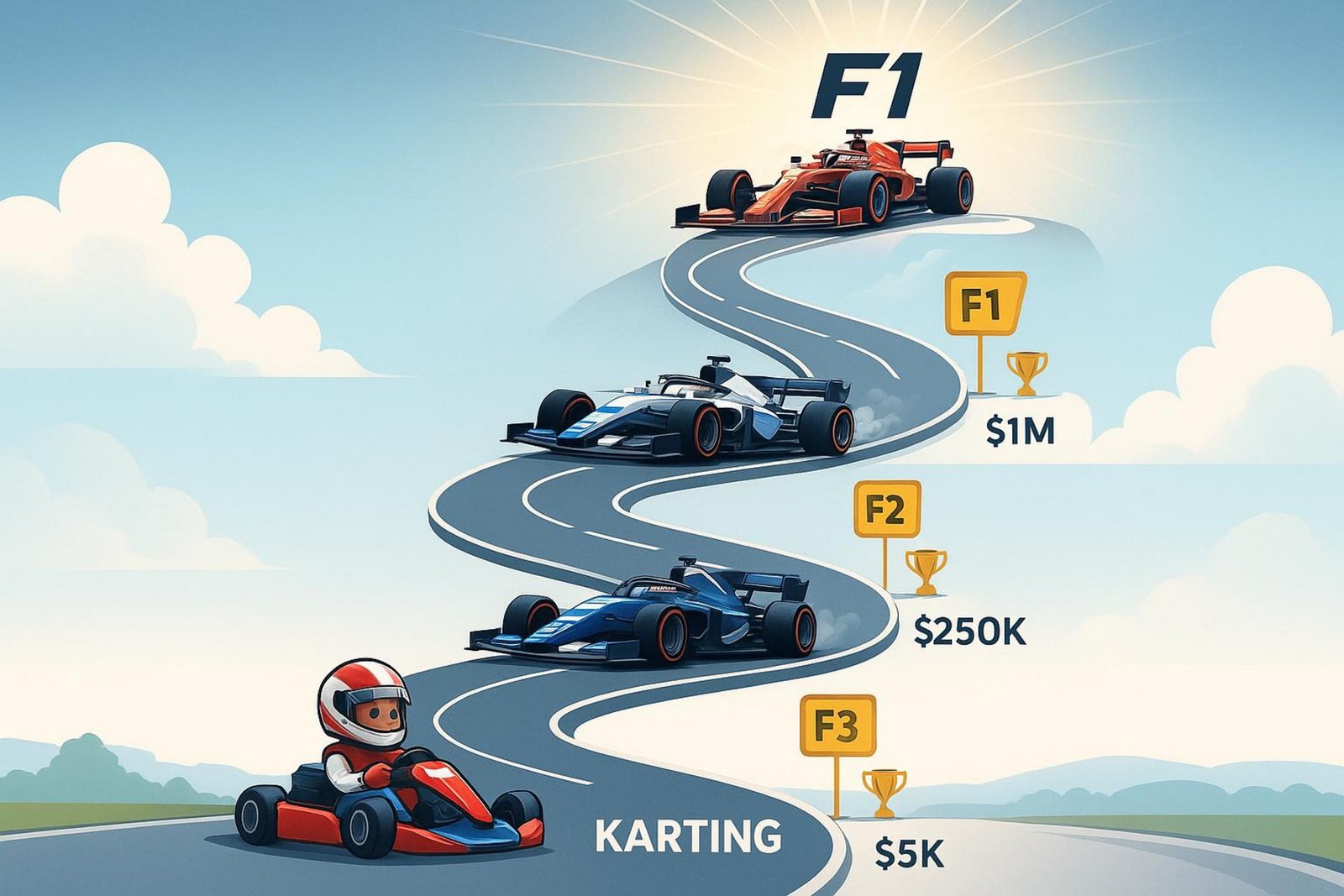 A modern infographic illustrating the progression from go-karting to Formula 1 through ascending racing stages with labeled cars and icons.