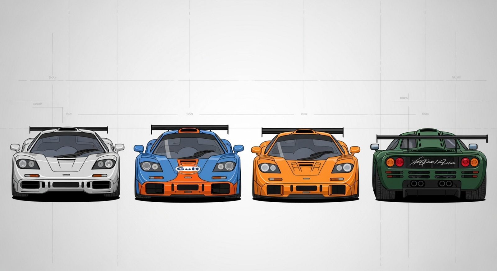 Infographic showing four McLaren F1 models side-by-side highlighting visual differences including road, racing, LM, and longtail versions.