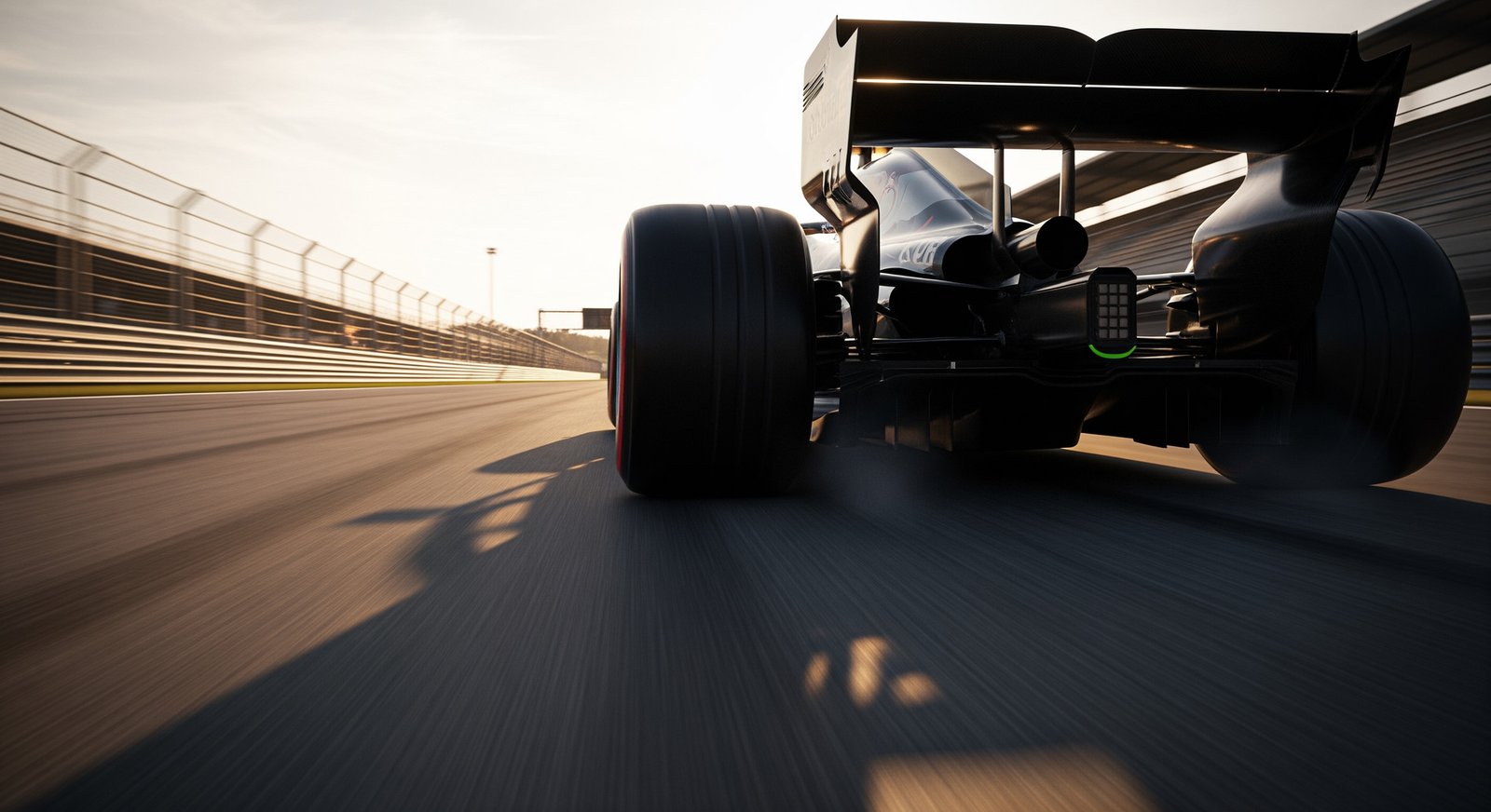 A rear view of a Formula 1 car weaving on a straight track with motion blur highlighting its movement and tire warming technique.