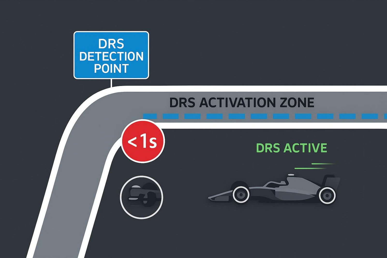 A minimalist infographic showing a section of a Formula 1 track with DRS zones, including detection and activation points, and two cars demonstrating DRS usage.
