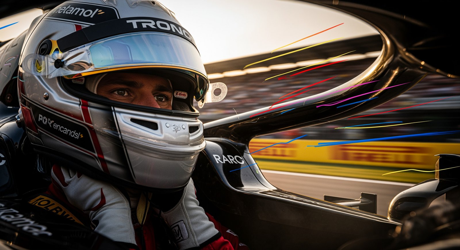 Close-up of an F1 driver in the cockpit showing intense concentration and physical effort during a race.