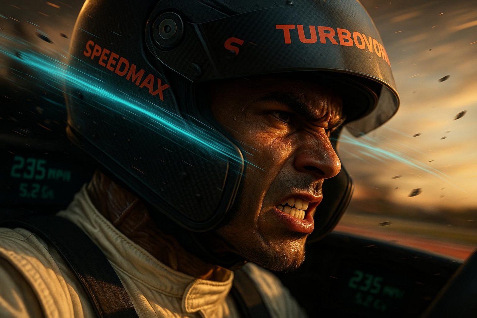 A close-up illustration of an F1 driver's face showing intense focus and neck tension during a high-speed corner, highlighting human effort under G-forces.