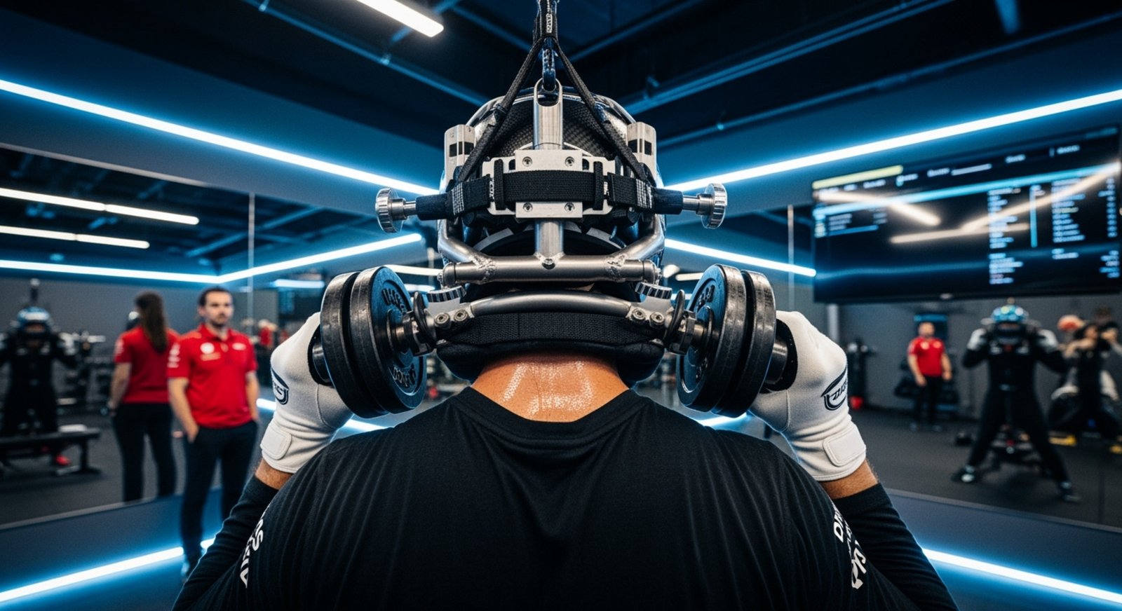 A Formula 1 driver performs neck-strengthening exercise using specialized equipment to prepare for high G-forces.