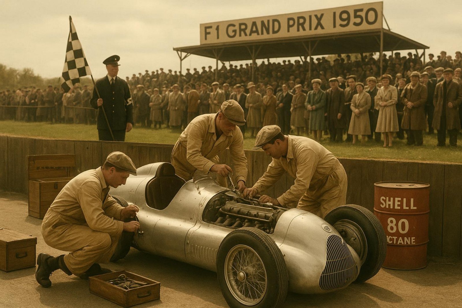 A vintage photograph showing mechanics working on a classic Alfa Romeo F1 car at Silverstone in 1950 with spectators in period attire in the background.