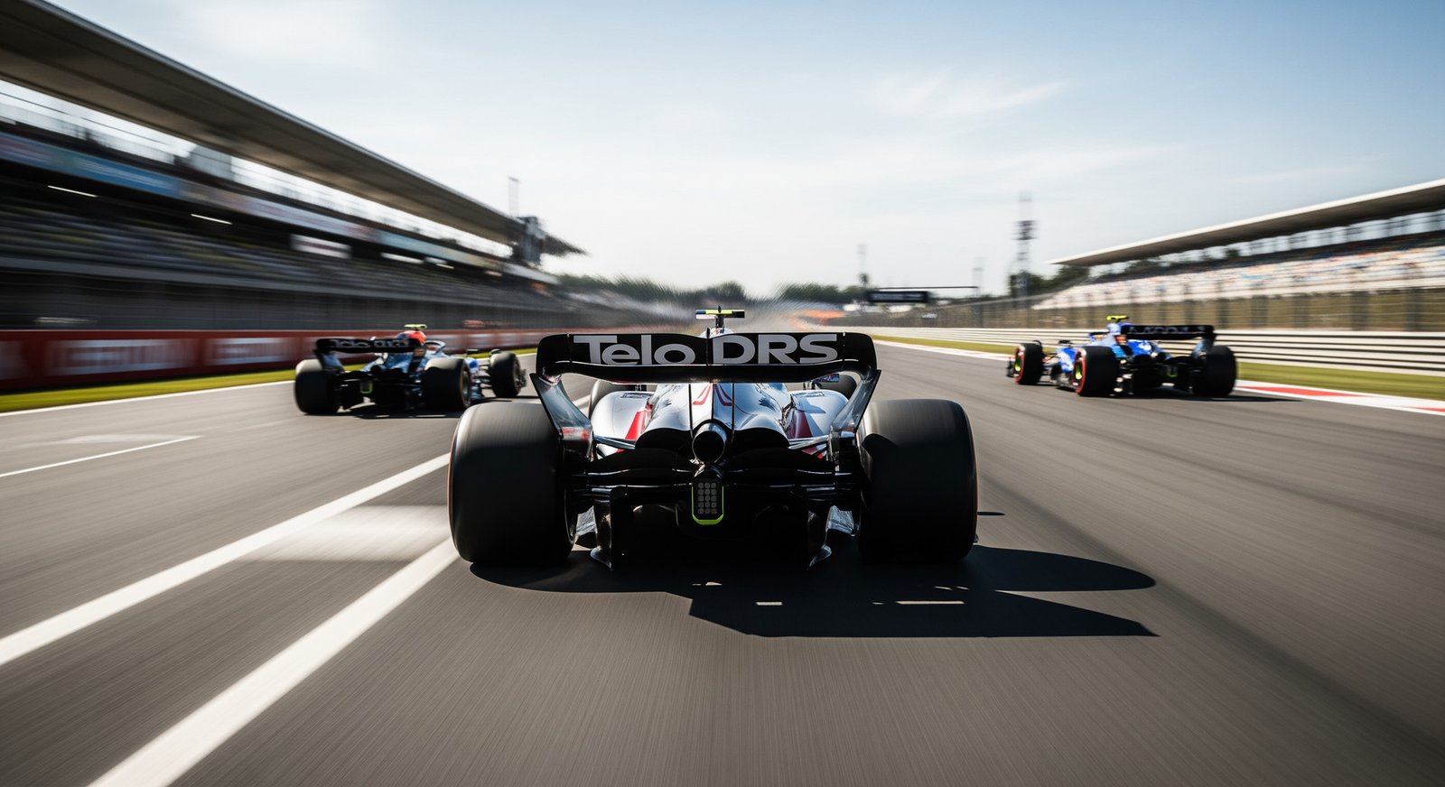 A low-angle shot from behind a Formula 1 car on a straight track showing the car closing in on another vehicle with an open DRS flap and motion blur emphasizing high speed.