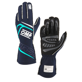 OMP First MY25 Racing Gloves Navy Blue/Tiffany Blue (FIA)