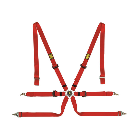 OMP Saloon Pull Down 6-Point Harness Red (FIA)